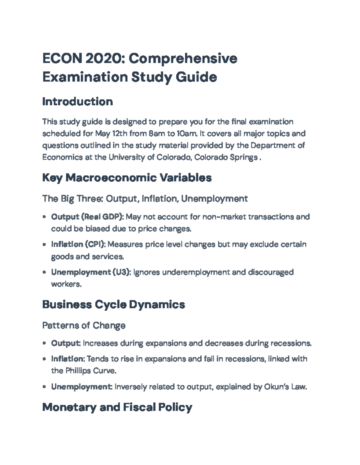 ECON 2020: Final Exam Comprehensive Study Guide for Macroeconomics ...