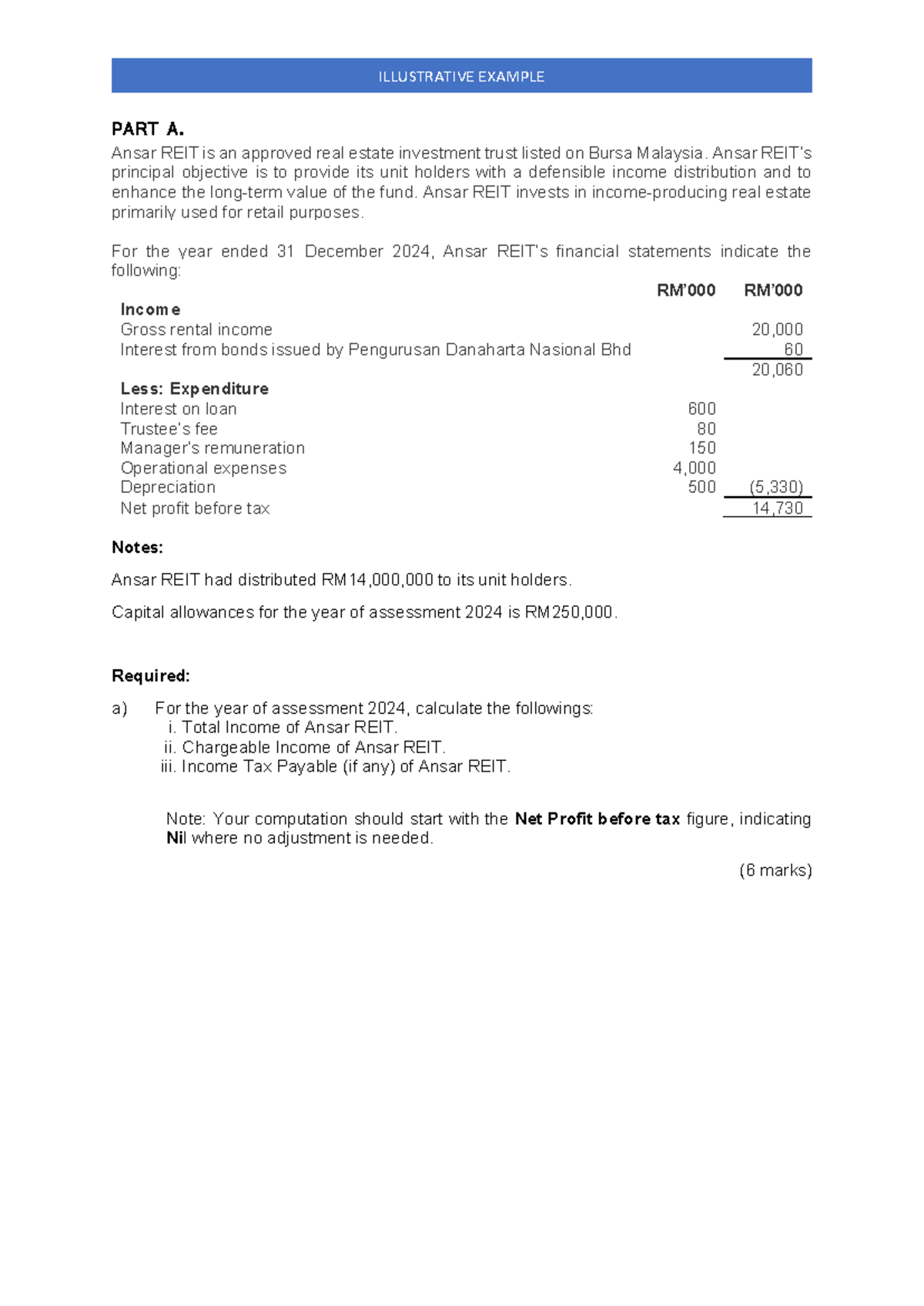 TAX667 Illustrative Example: Ansar REIT Financial Analysis - Studocu