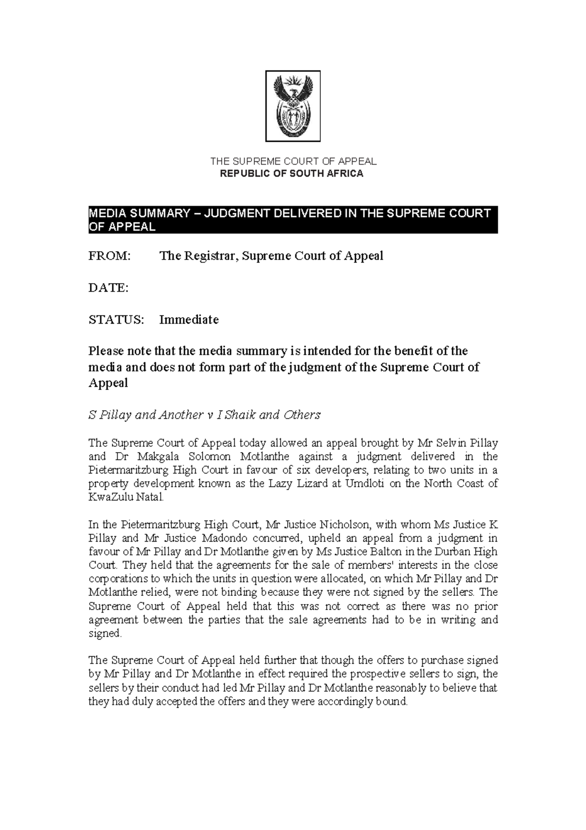 SCA Case Summary: Pillay & Another v Shaik & Others - Media Summary ...
