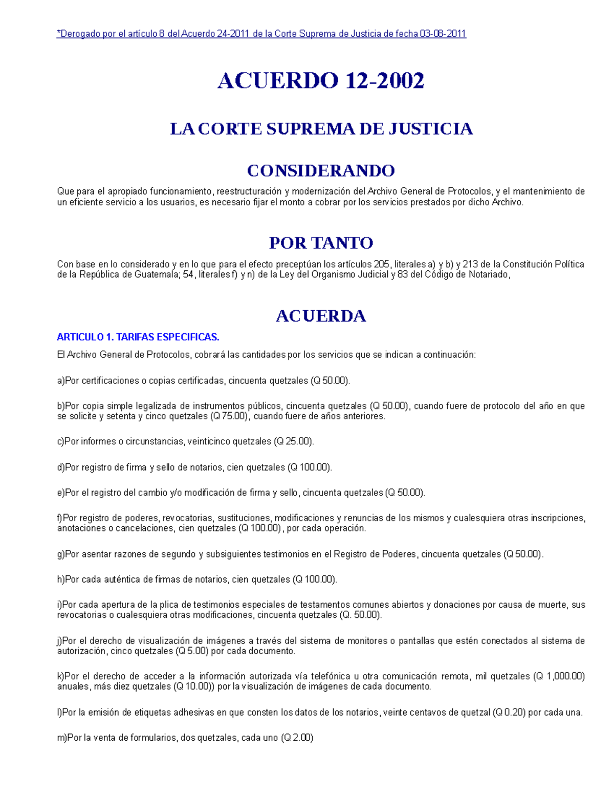 Acuerdo 12-2002: Tarifas Especiales del Archivo General de Protocolos - Document Preview