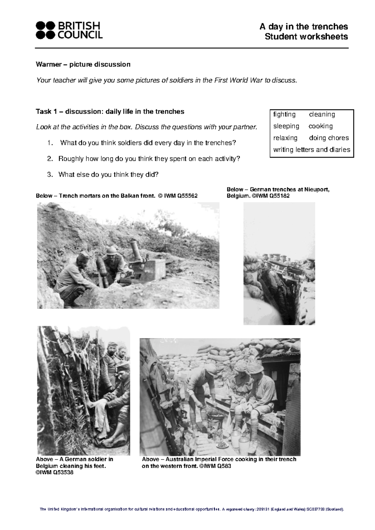 V5 Student Worksheets: A Day in the Trenches Activities - Studeersnel