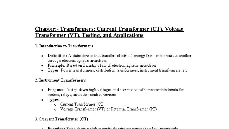 Transformers Notes: CT, VT, Testing & Applications Overview - Studocu
