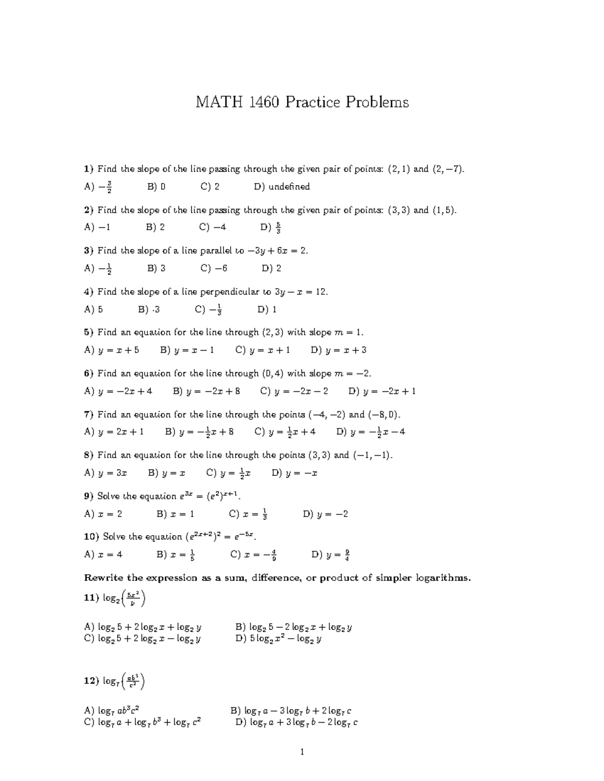 MATH 1460 Practice Problems: Slope, Equations, and Derivatives - Studocu