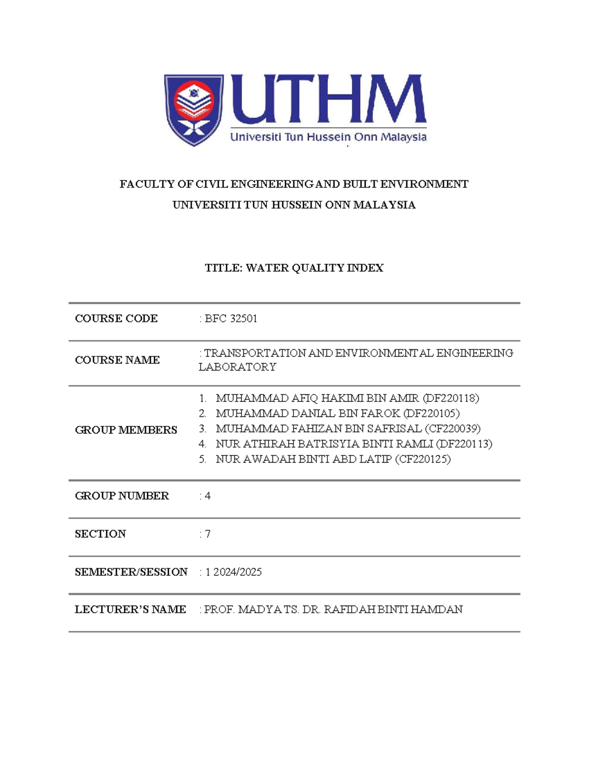 BFC 32501: Water Quality Index Report for Environmental Engineering Lab ...