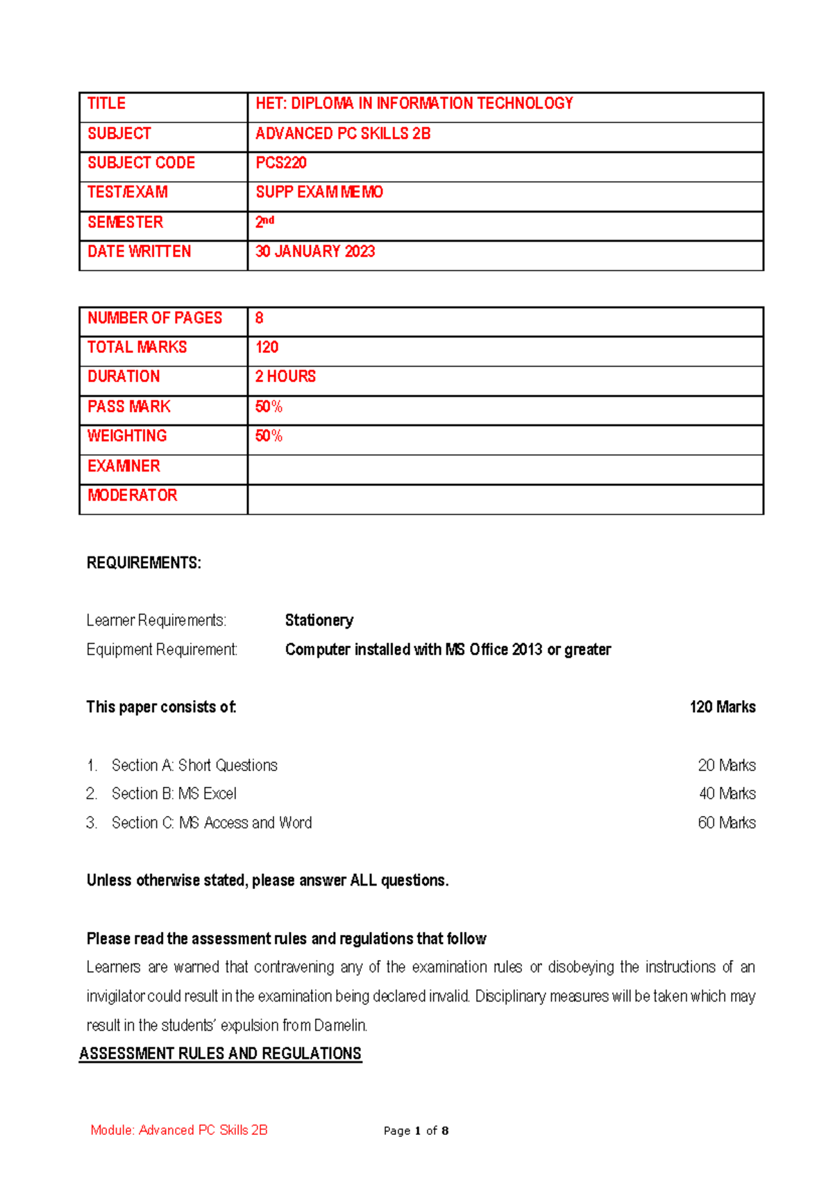 Advanced PC Skills 2B - Supplementary Exam Memo - PCS2 20 - Studocu