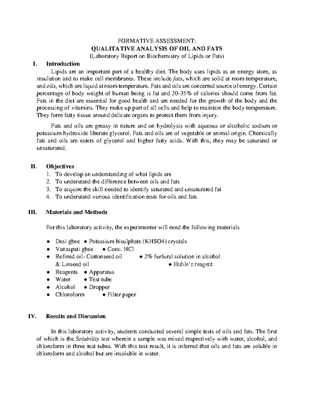 Qualitative Analysis of Oils and Fats: Lab Report on Lipids - Studocu