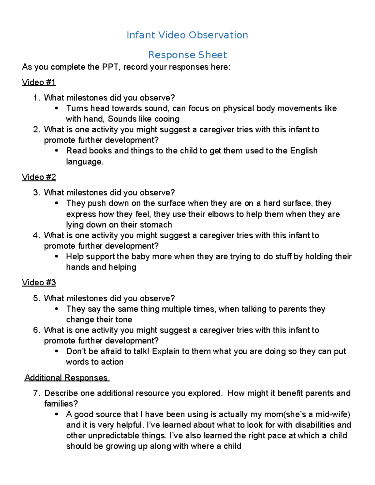 Infant Video Observation Response Sheet - Infant Video Observation ...