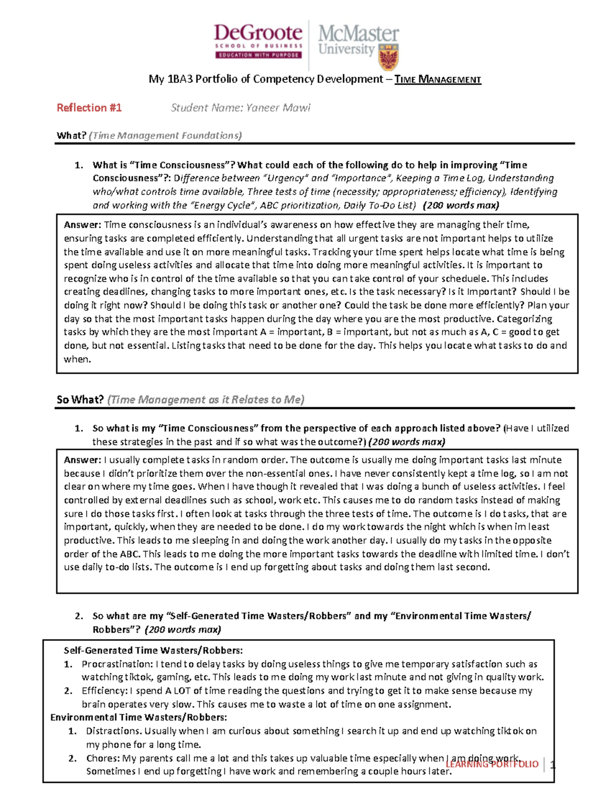 LP Reflection #1 - 1BA3 - Time Management Template - Fall 2024 ...