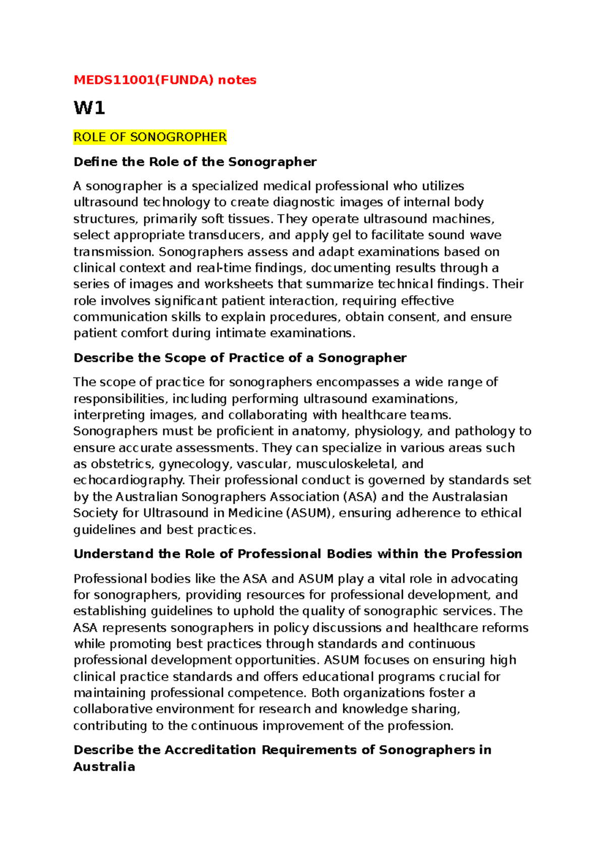 MEDS11001 Final Exam Notes: Role & Scope of Sonographers in Australia ...