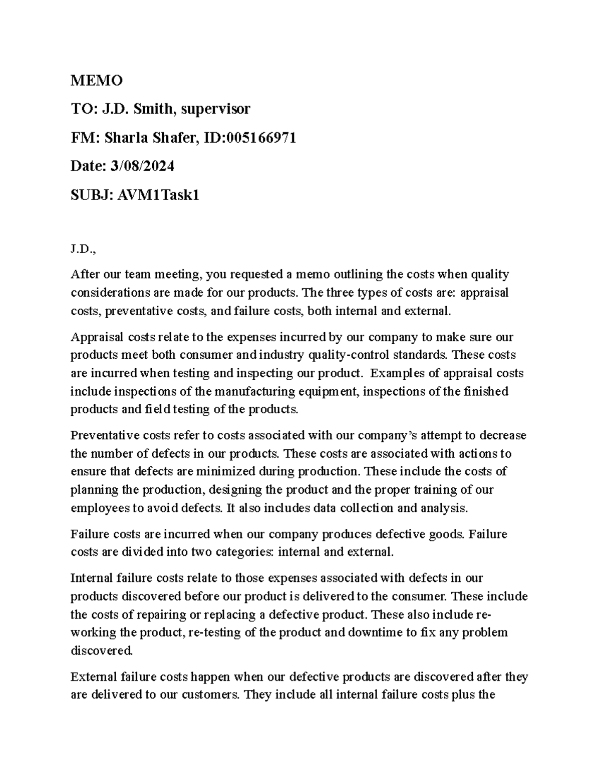 AVM1 Task 1: Memo on Quality Cost Considerations in Production - Studocu
