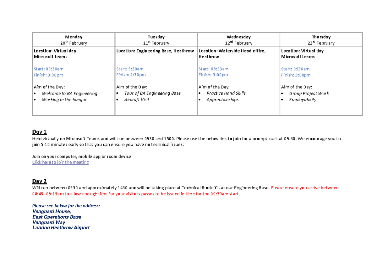 Engineering Work Expreience Placement Agenda - final - Monday 20 th ...