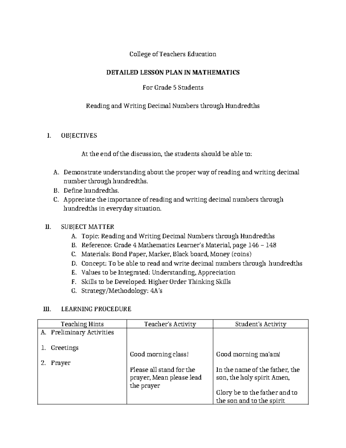 DLP: Detailed Lesson Plan in Math for Grade 5 - Reading Decimals - Studocu