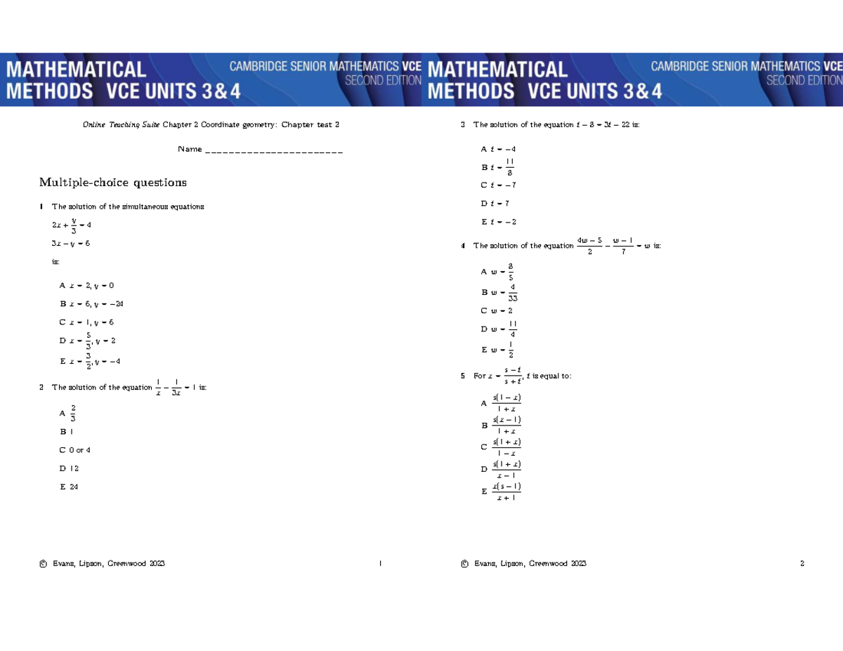 Chapter 2 Coordinate Geometry: Test 2 Solutions and Questions - Studocu