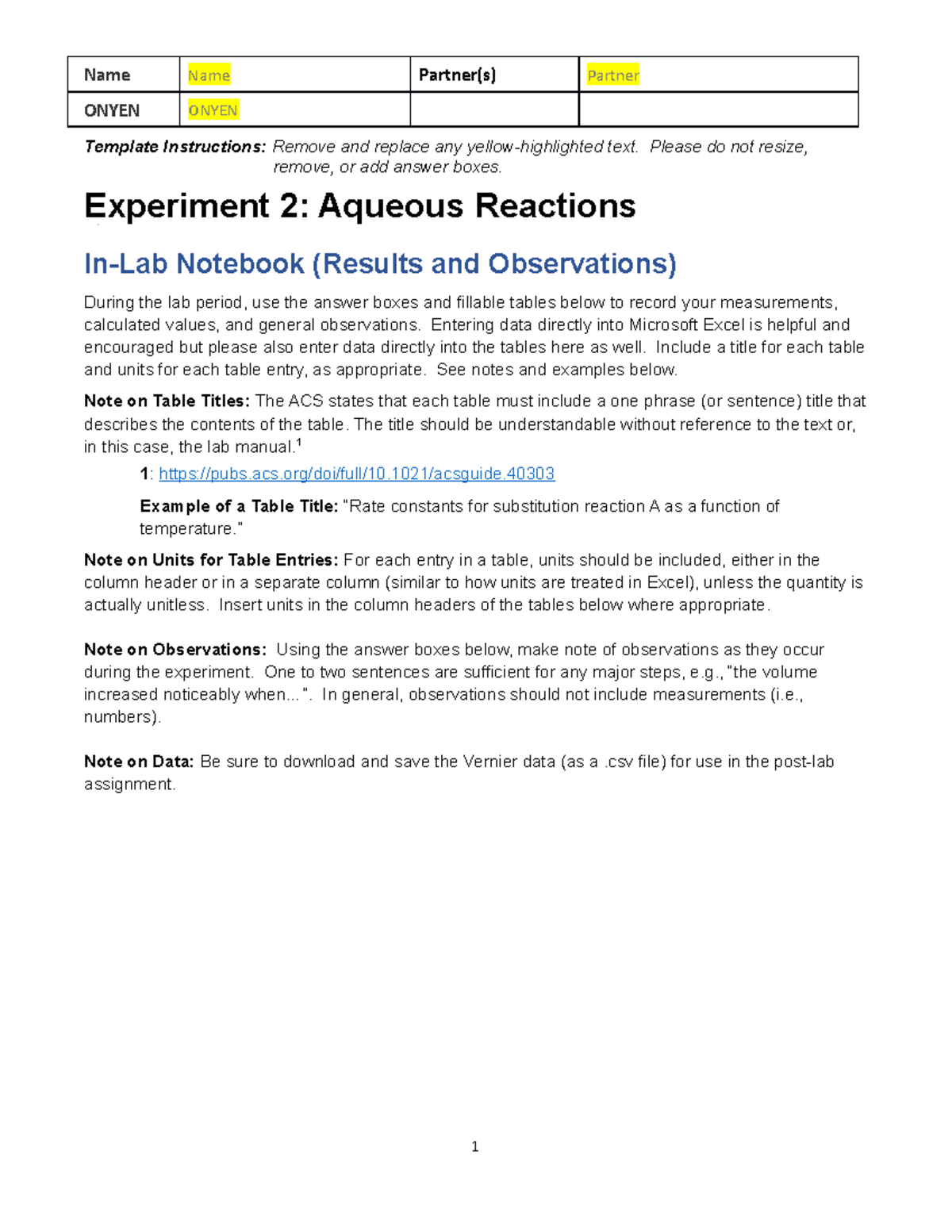 Expt 2 in-lab prot v3 - in lab chem 101 experiment 2 - Name Name ...
