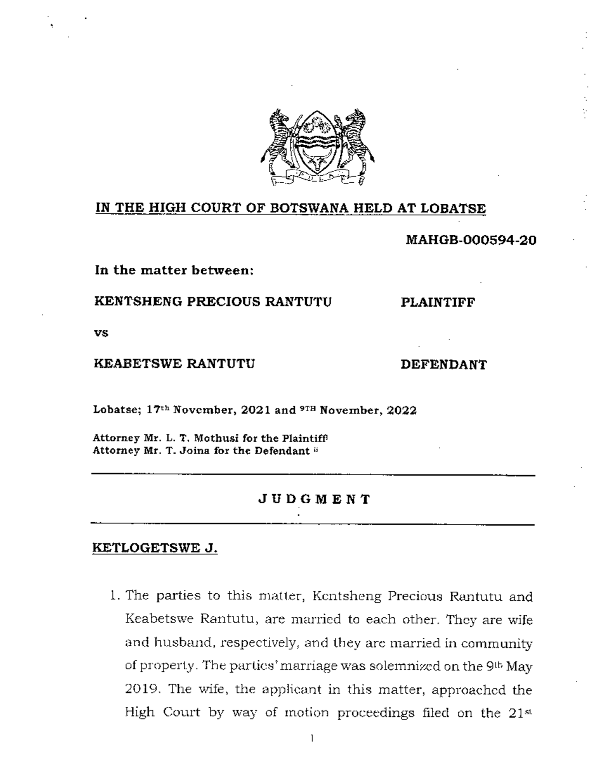 Case Study: Rantutu v Rantutu - Marriage Nullity Judgment (2022) - Studocu