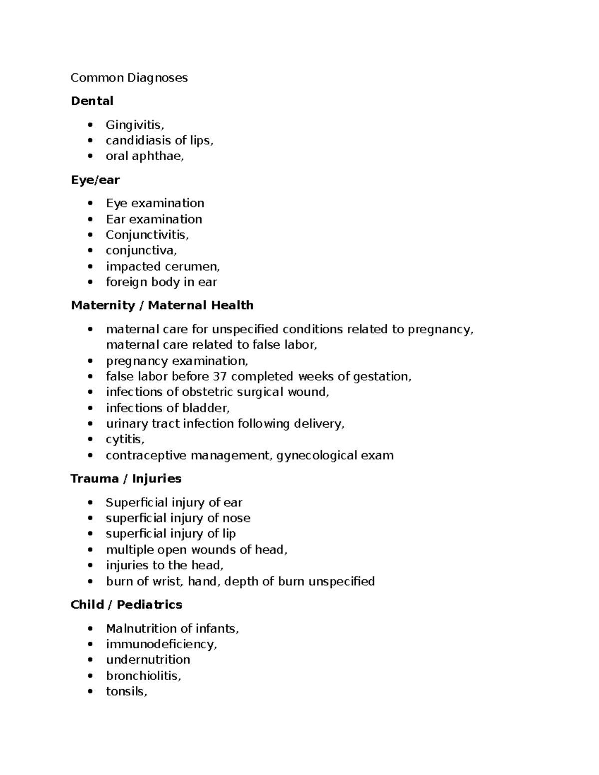 SHA Diagnoses: Common Conditions in Dental, Maternity, Trauma, and ...