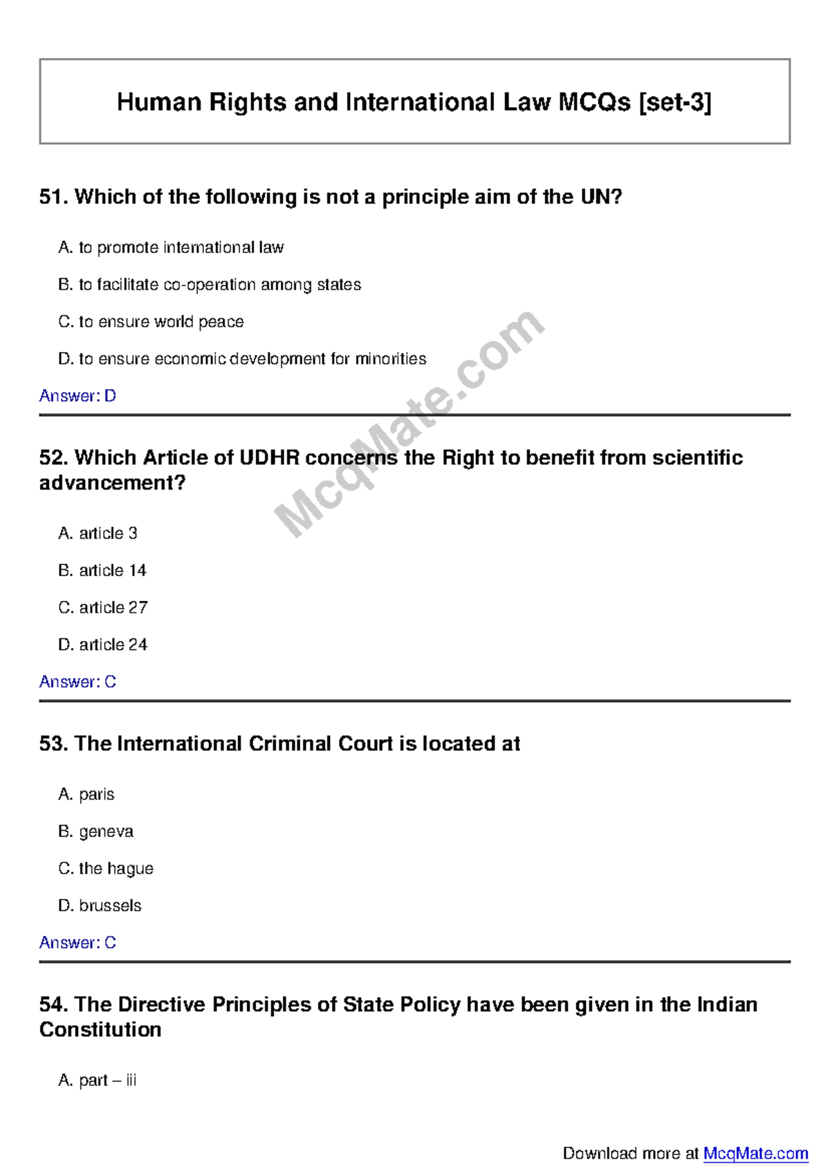 Human Rights and International Law Solved MCQs [Set-3] Review Guide ...