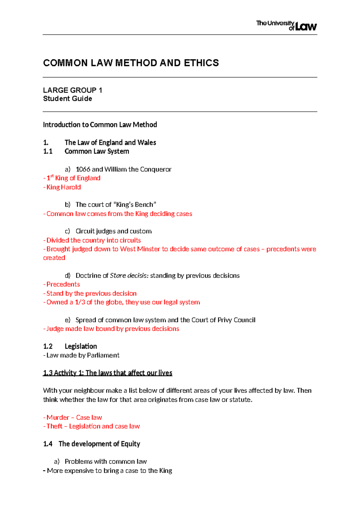 CLME 1 Common Law Method & Ethics Lecture Notes - Studocu