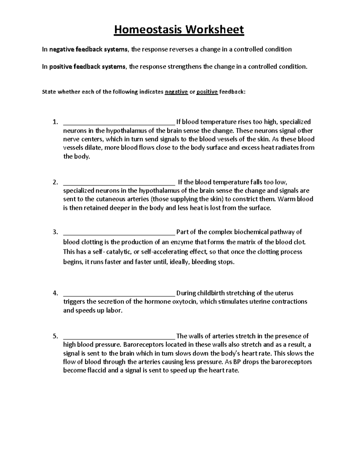 Homeostasis worksheet Understanding negative and positive feedback systems Studocu