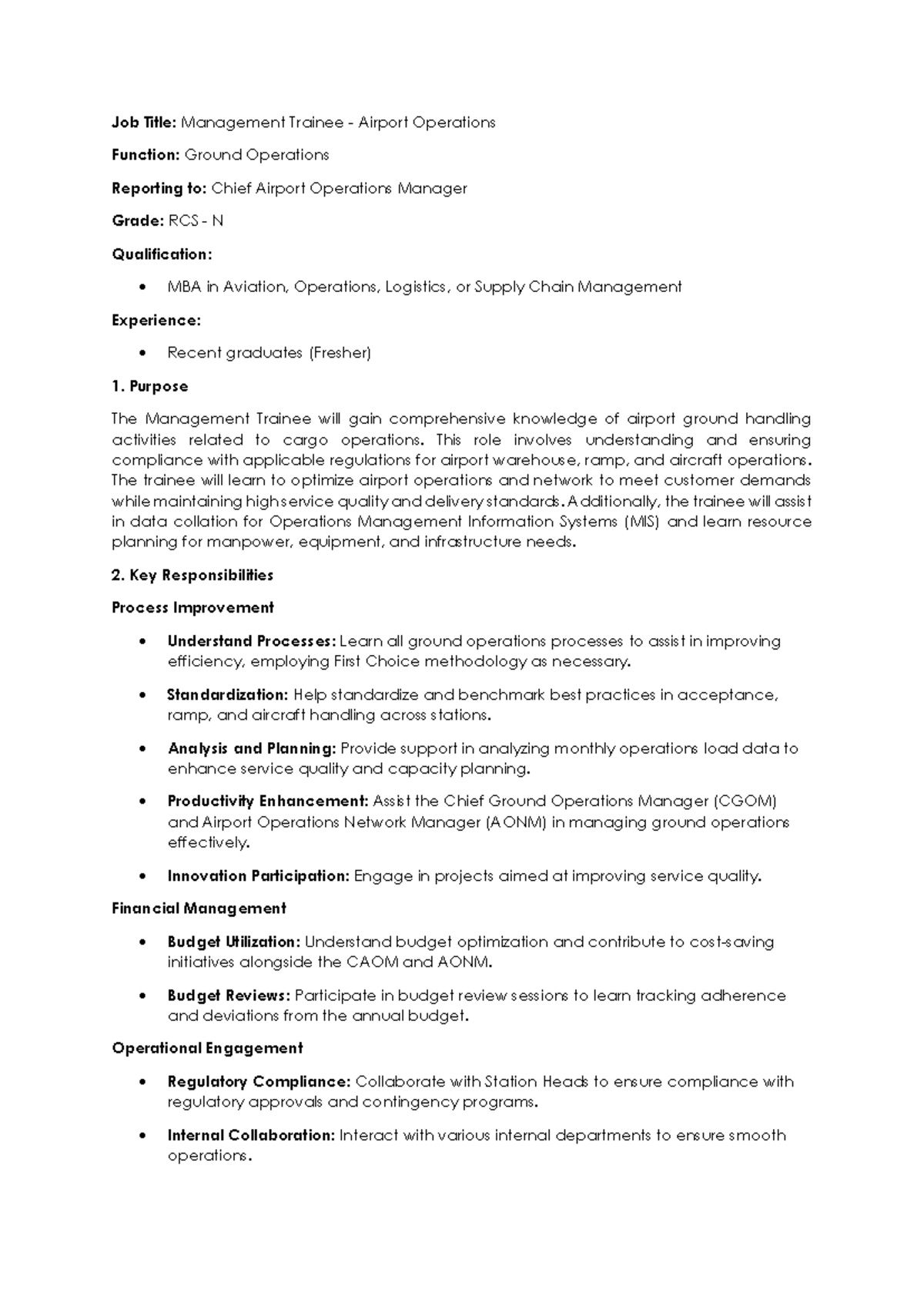Management Trainee Job Description: Airport Operations (MBA Required ...
