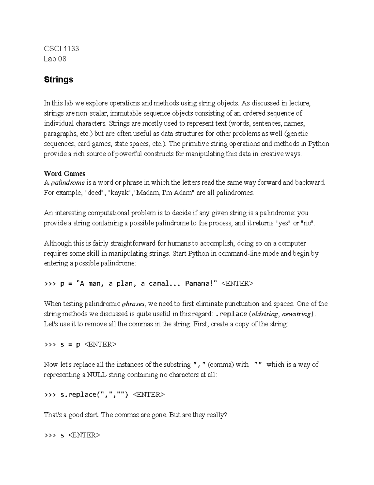Lab 08 Strings - string lab 8 for CSCI1133 - CSCI 1133 Lab 08 Strings ...