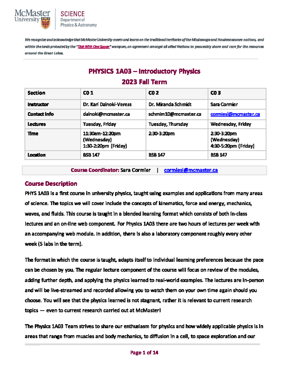 Physics 1A03 Course Syllabus: Key Overview and Important Dates - Studocu