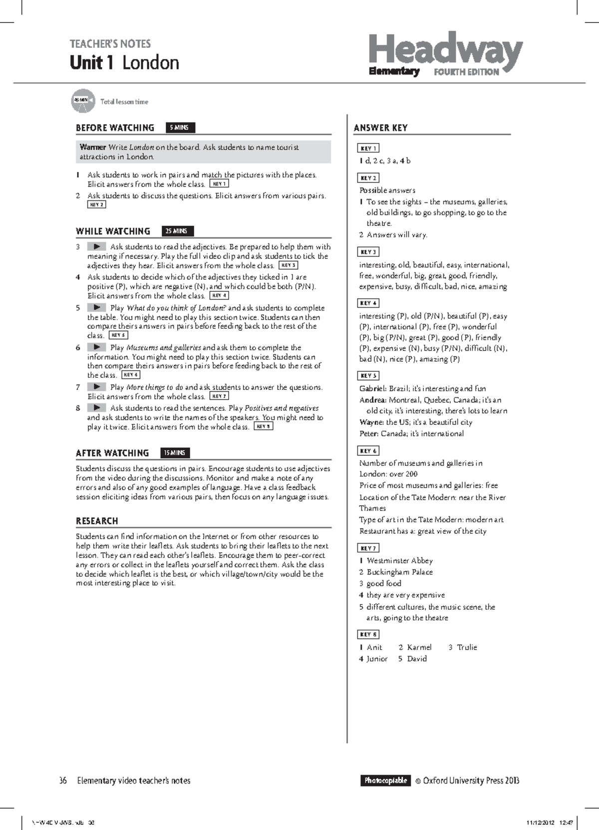 Headway 4e Elementary Video Worksheets: London and Daily Life ...
