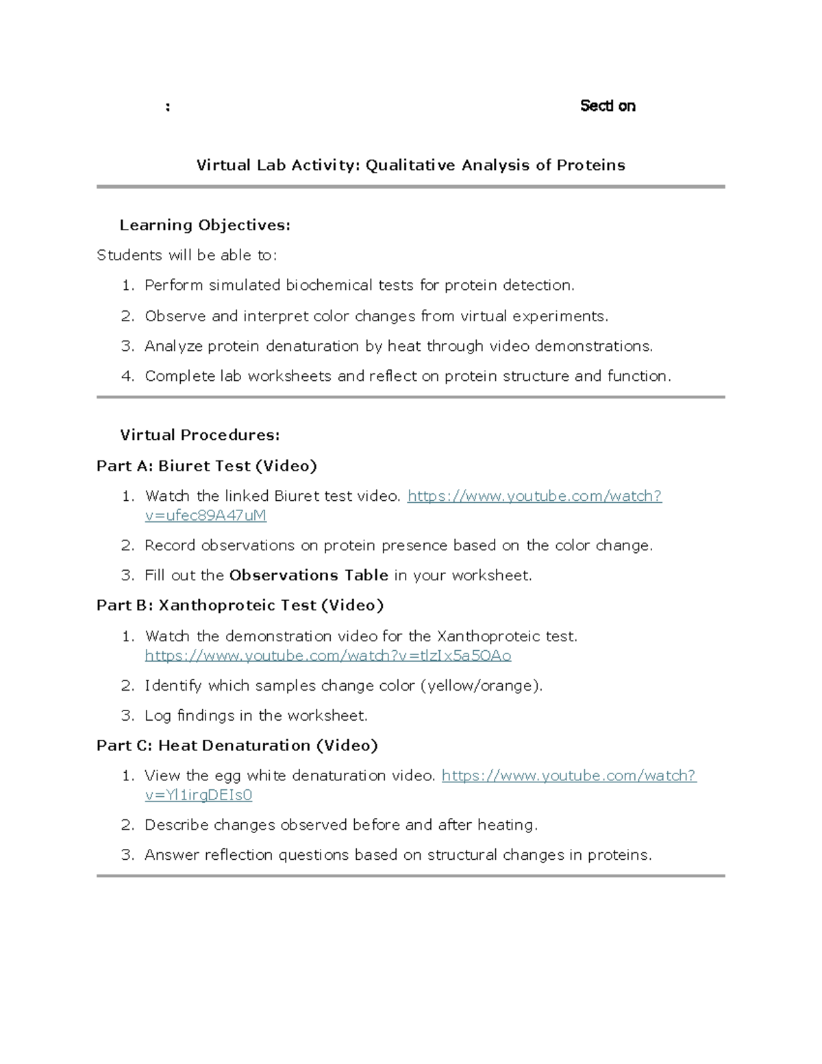 Virtual Lab Activity: Qualitative Analysis of Proteins (BIO 101) - Studocu