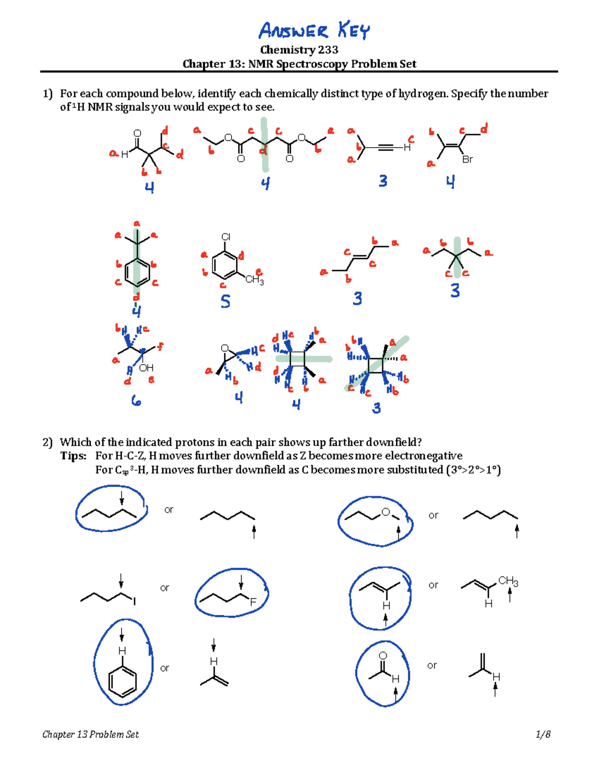 Chemistry 233 Chapter 13: NMR Spectroscopy Problem Set Key - F16 - Studocu