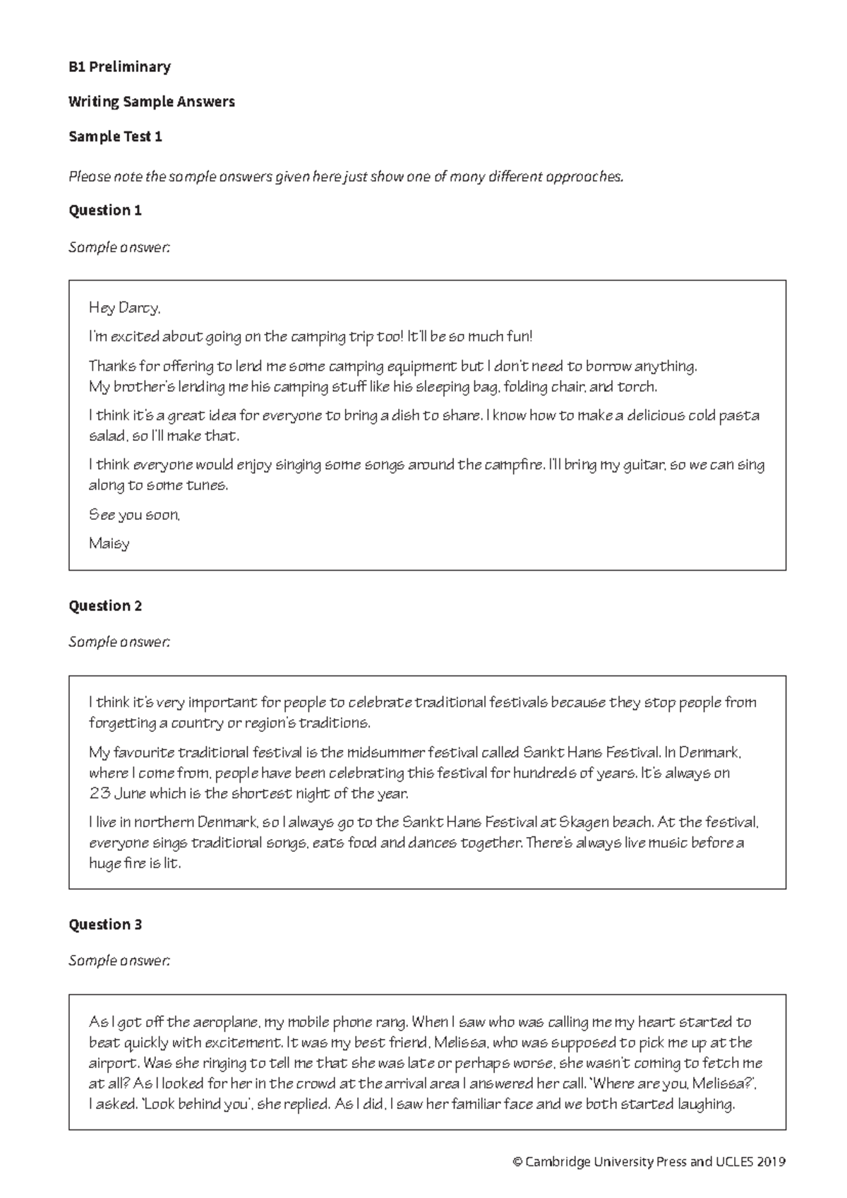 B1 Preliminary Writing Sample Answers Key for Test 1 - Studocu