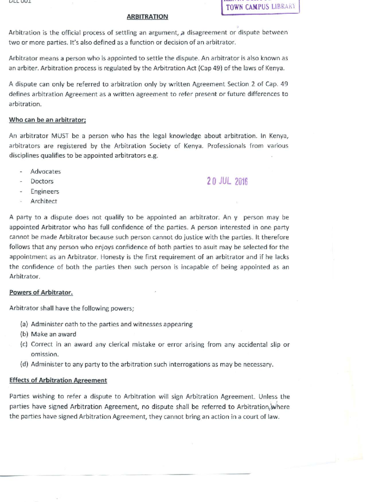 Arbitration Notes - KENYA SCHOOL OF LAW TOWN CAMPUS - Studocu