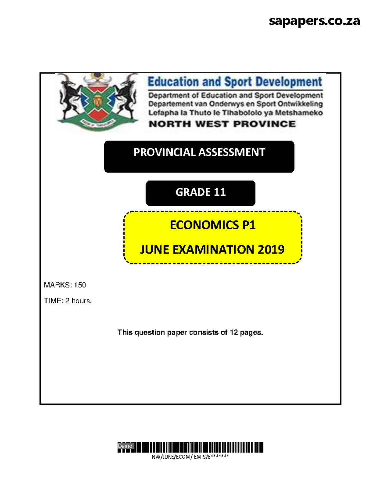 Economics GR 11 P1 June Exam 2019: Comprehensive Question Paper - Studocu