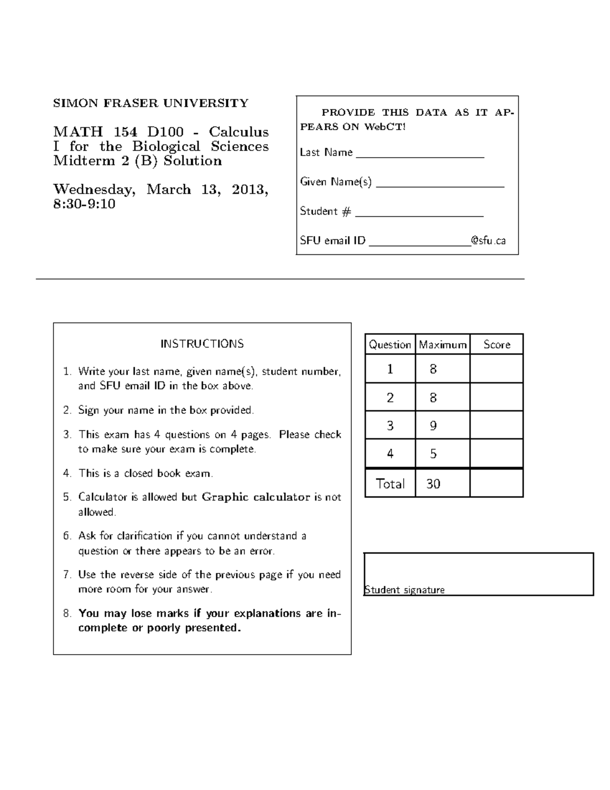 MATH 154 D100 - Calculus Midterm 2 Practice Solutions - Studocu