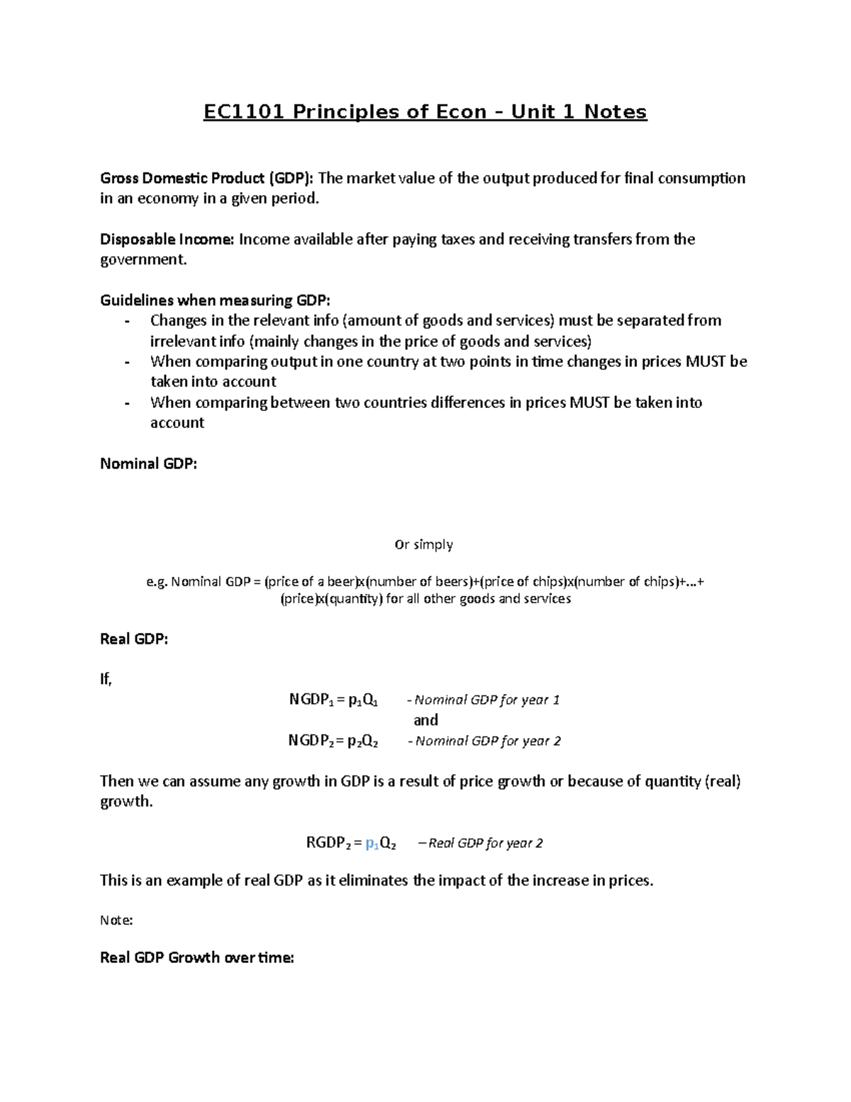 EC1101 Principles of Econ - Unit 1 Important Notes and Concepts - Studocu