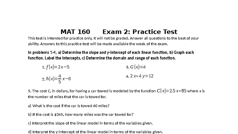 MAT 160 Exam 2: Chapter 2 Practice Test Guide - Studocu