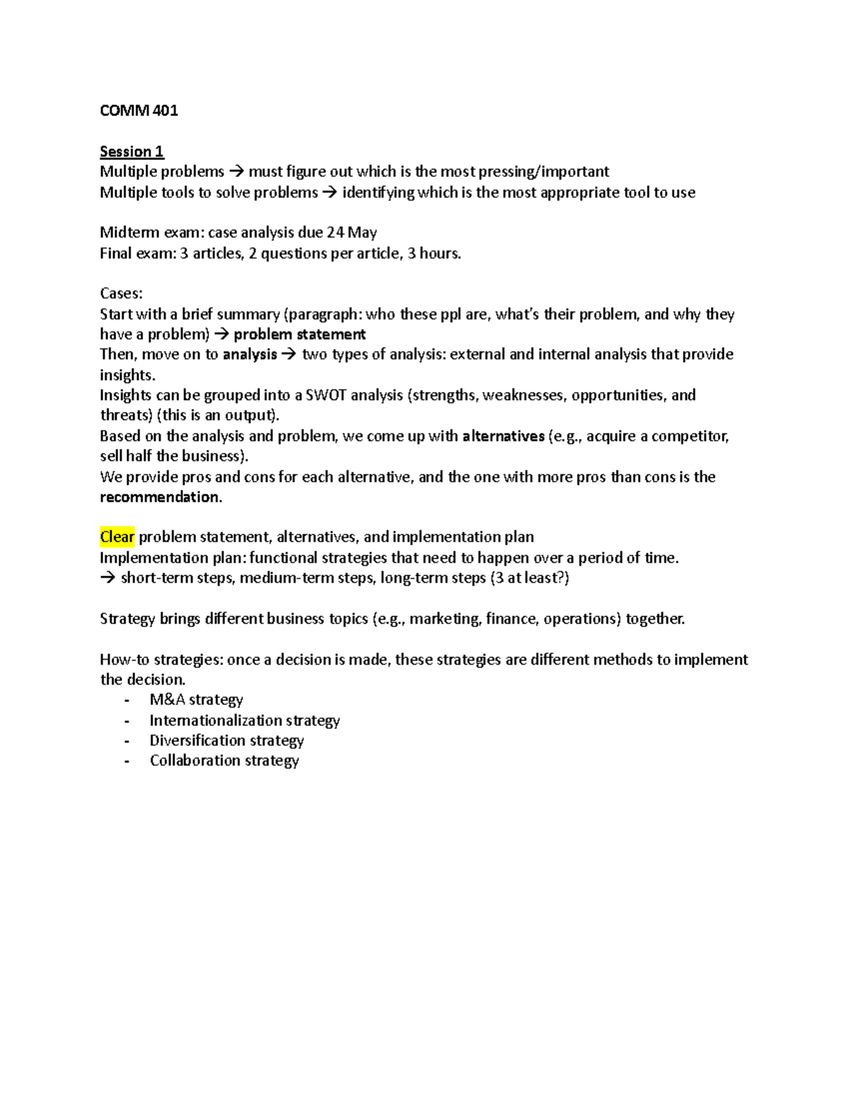 COMM 401 - Comprehensive Notes from Lectures, Readings, and Cases - Studocu