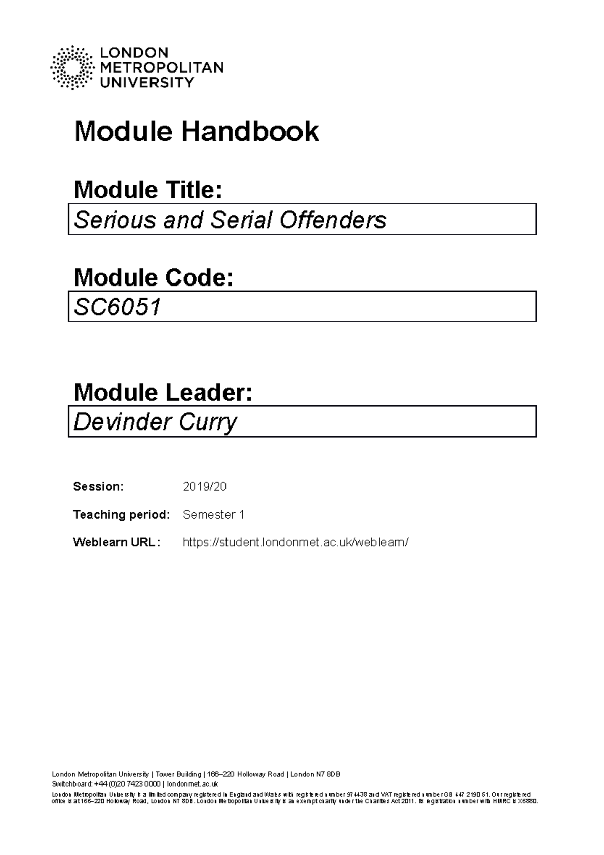 SC6051 Serious and Serial Offenders Module Handbook 2019-20 - Studocu