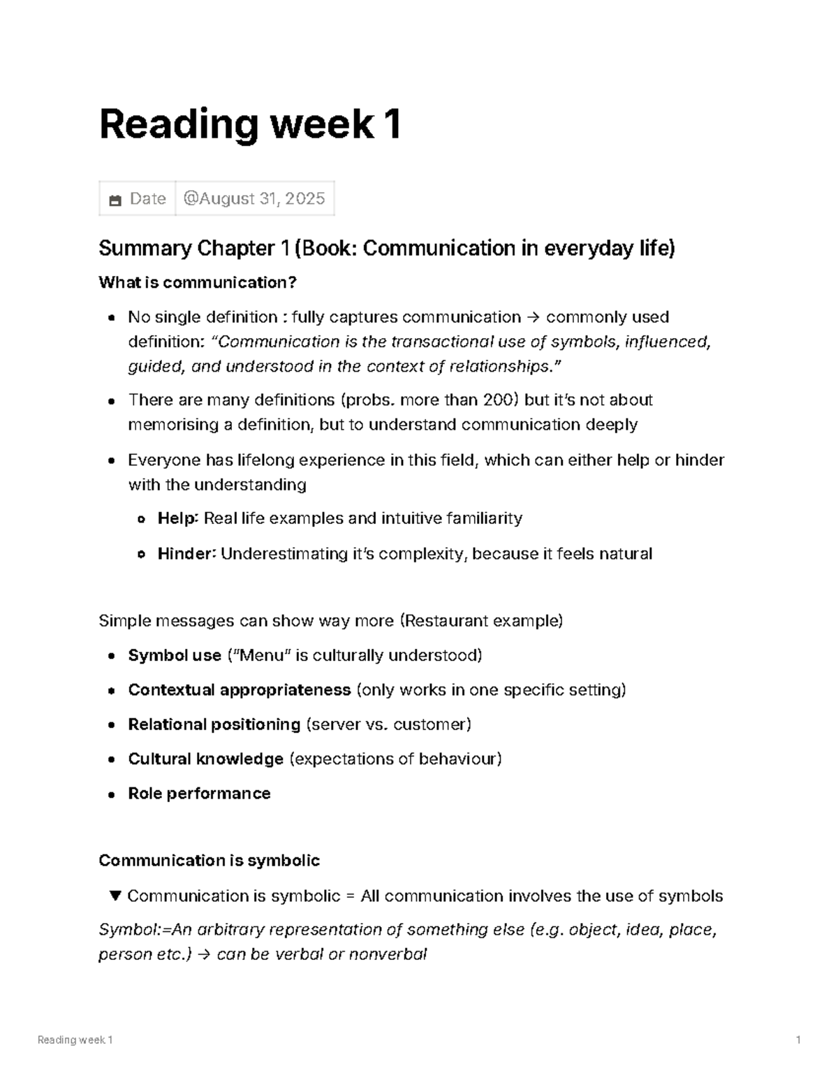 COMM 101: Reading Week 1 Summary - Understanding Communication Concepts ...
