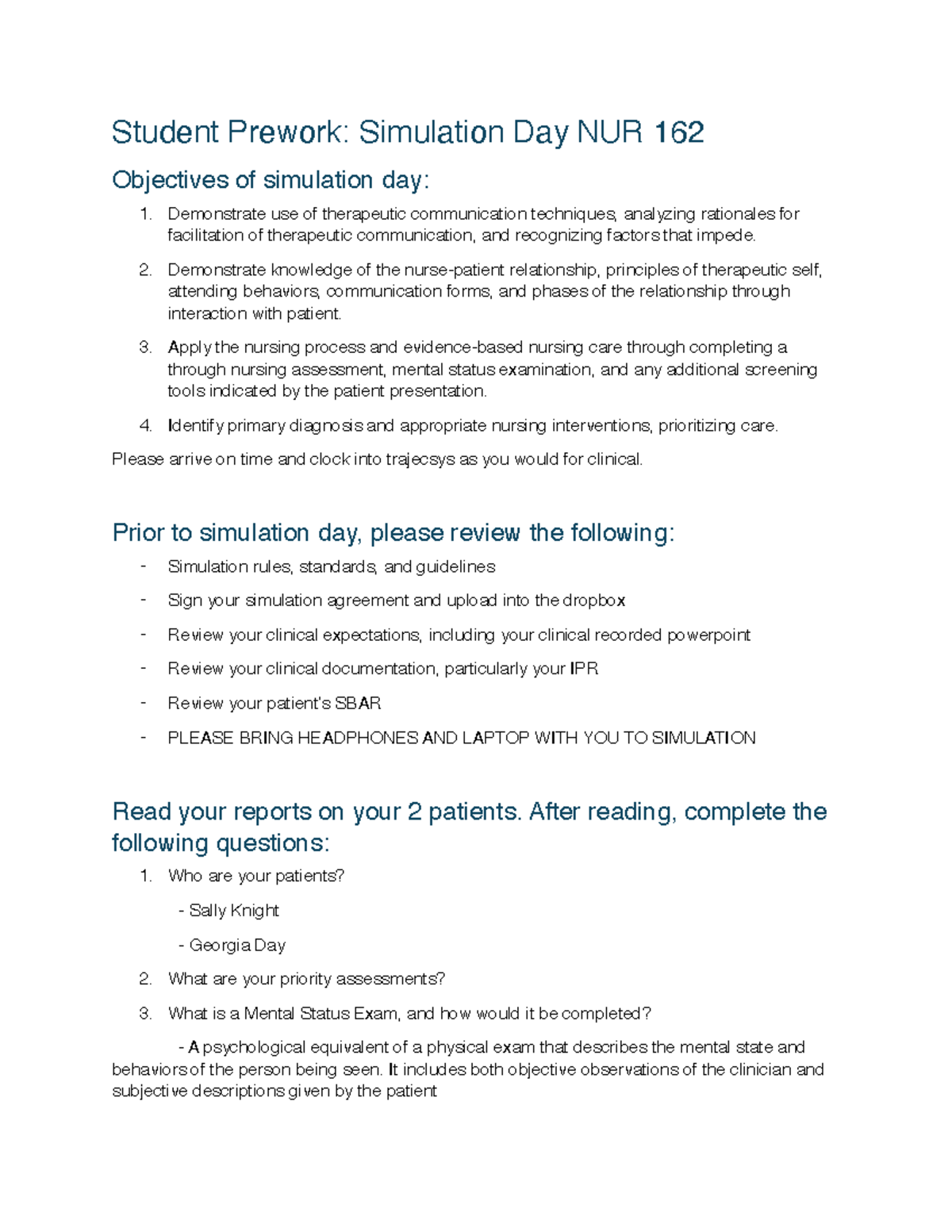 NUR 162 Simulation Day Prework: Objectives & Patient Assessments - Studocu