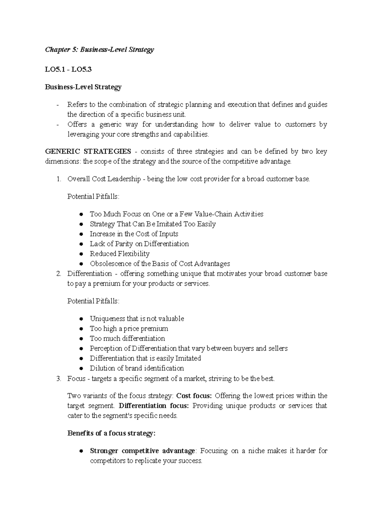 Summary Chapter 5 Business-Level Strategy - Chapter 5: Business-Level ...