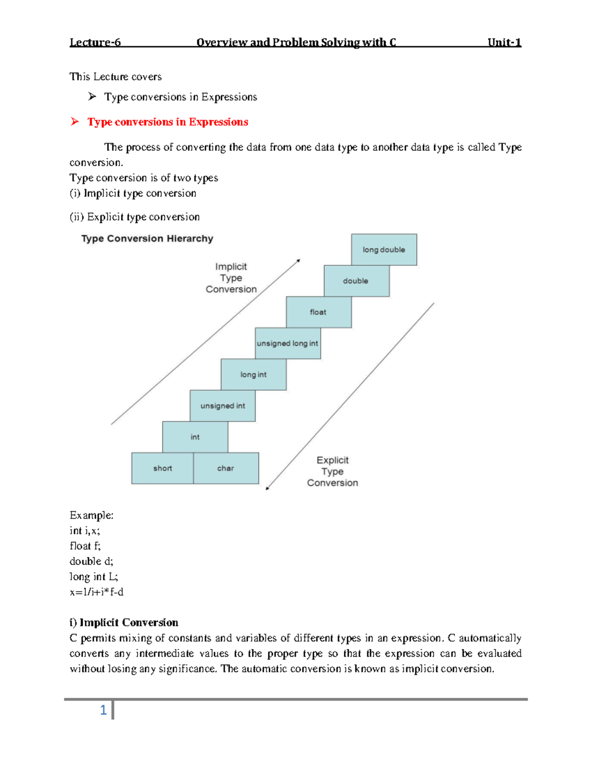 Lecture 6: Type Conversion in C Programming Concepts - Studocu