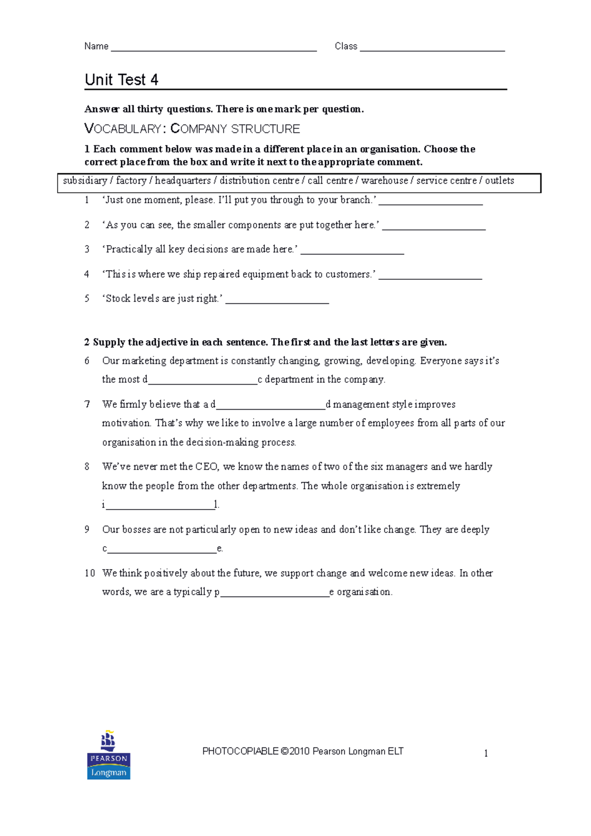 Unit Test 4 - Vocabulary & Language Review - angielski B1+ - Studocu