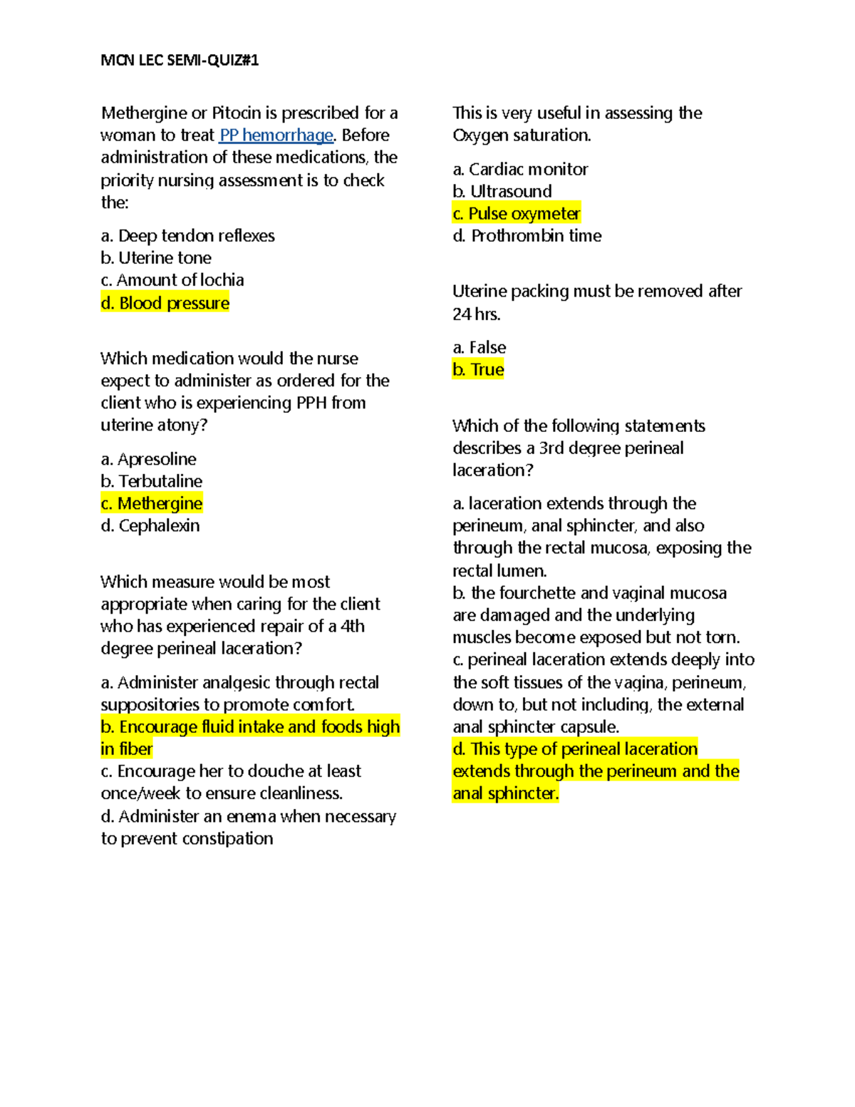 MCN LEC SEMI-QUIZ Notes on Postpartum Care and Complications - Studocu