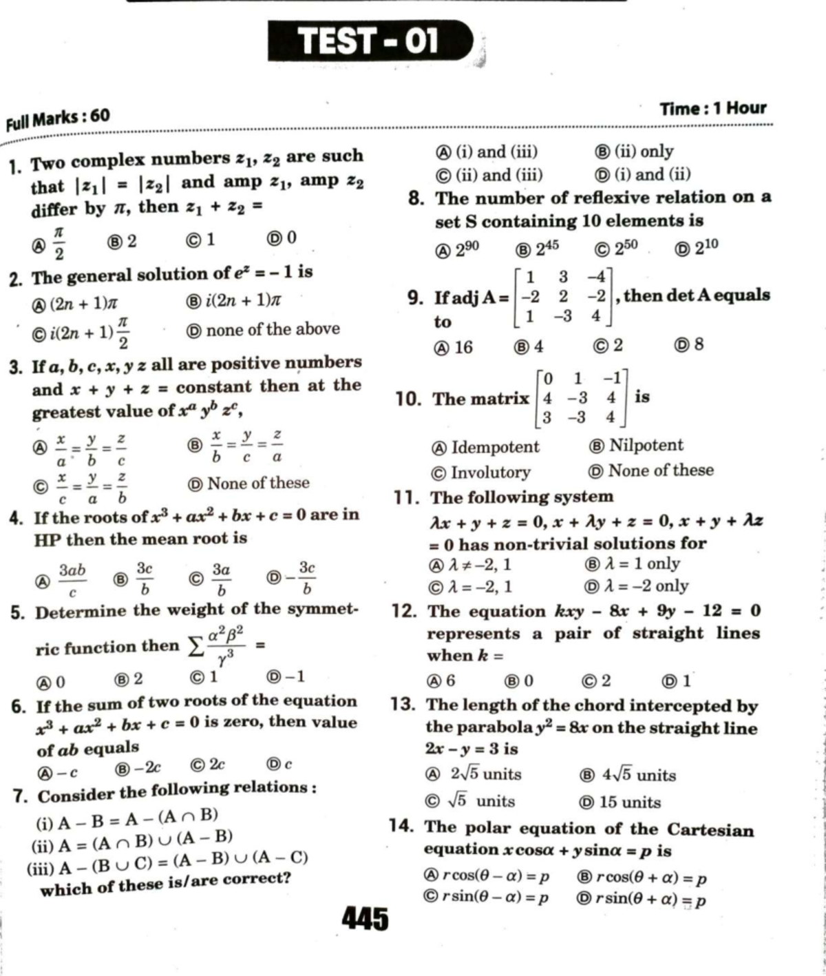 Practice Test 01: Complex Numbers and Relations in Mathematics - Studocu