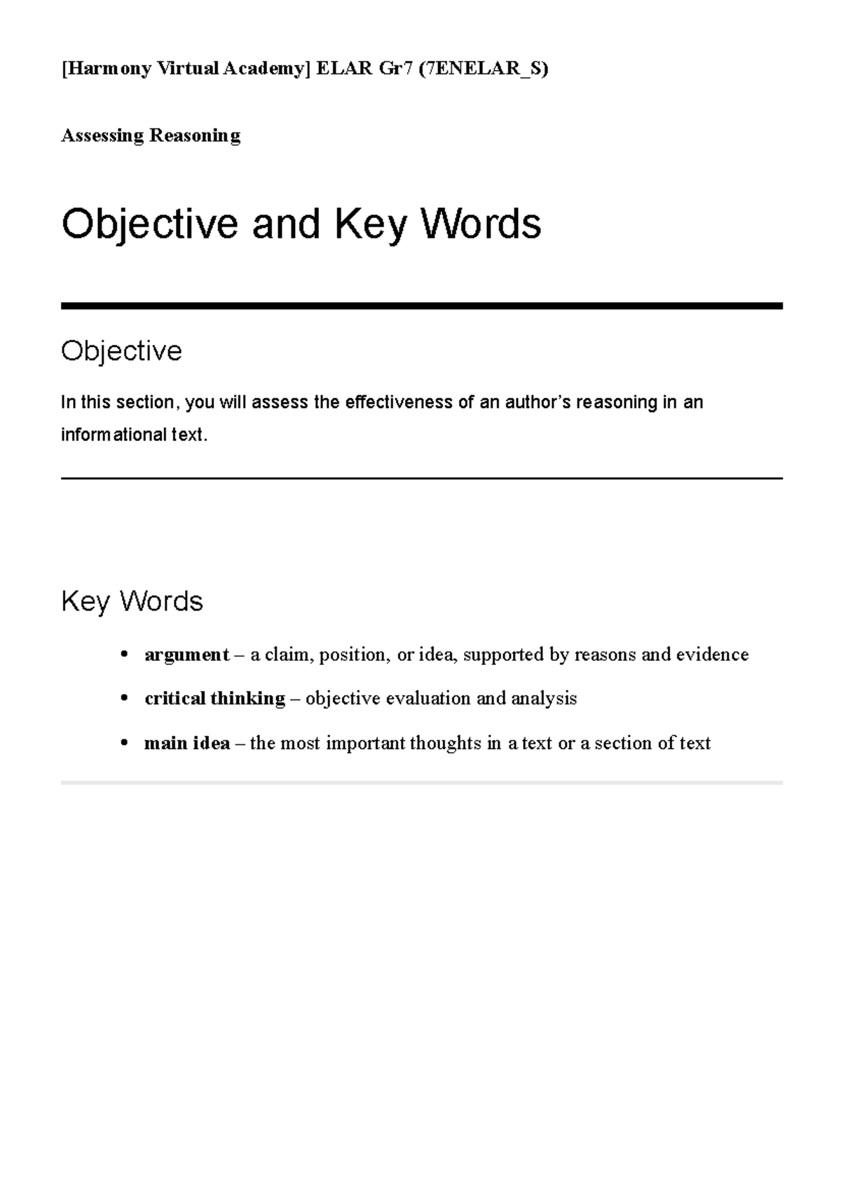 Assessing Reasoning in Arguments: A Learning Guide for ELAR Gr7 ...