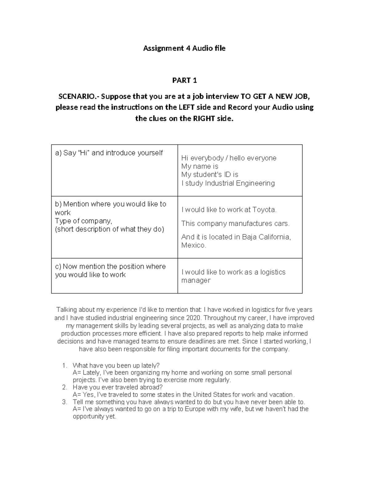 Assignment 4 Audio file - Assignment 4 Audio file PART 1 SCENARIO ...