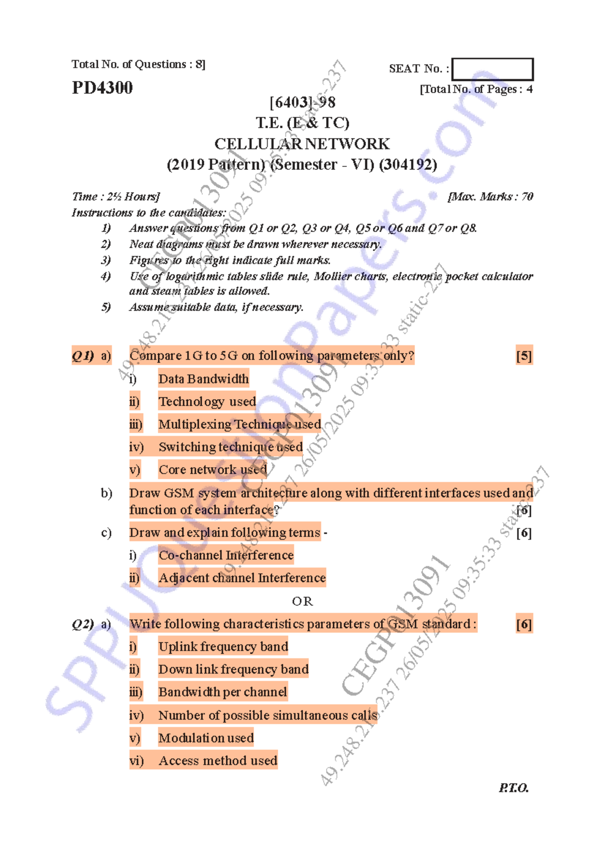 T.E. (E TC) Cellular Network End Sem Exam Practice Material (304192 ...