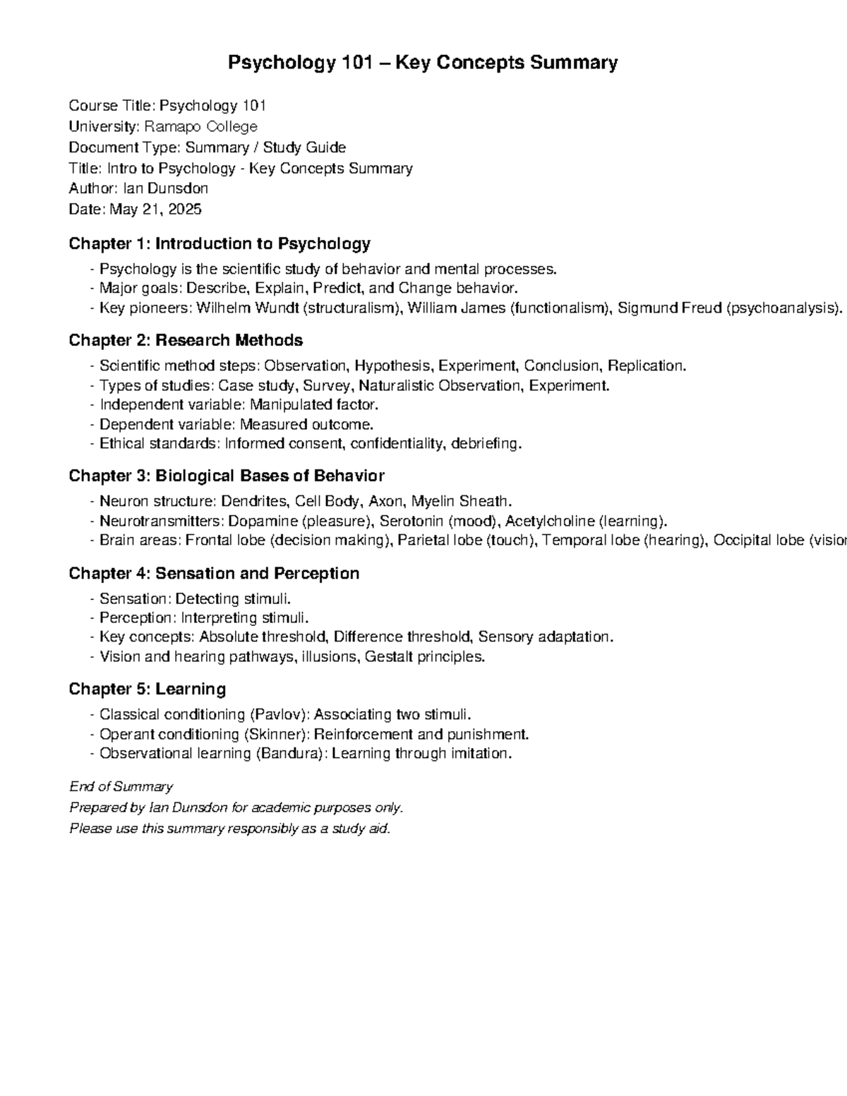 Psychology 101 Key Concepts Summary Study Guide by Ian Dunsdon - Studocu