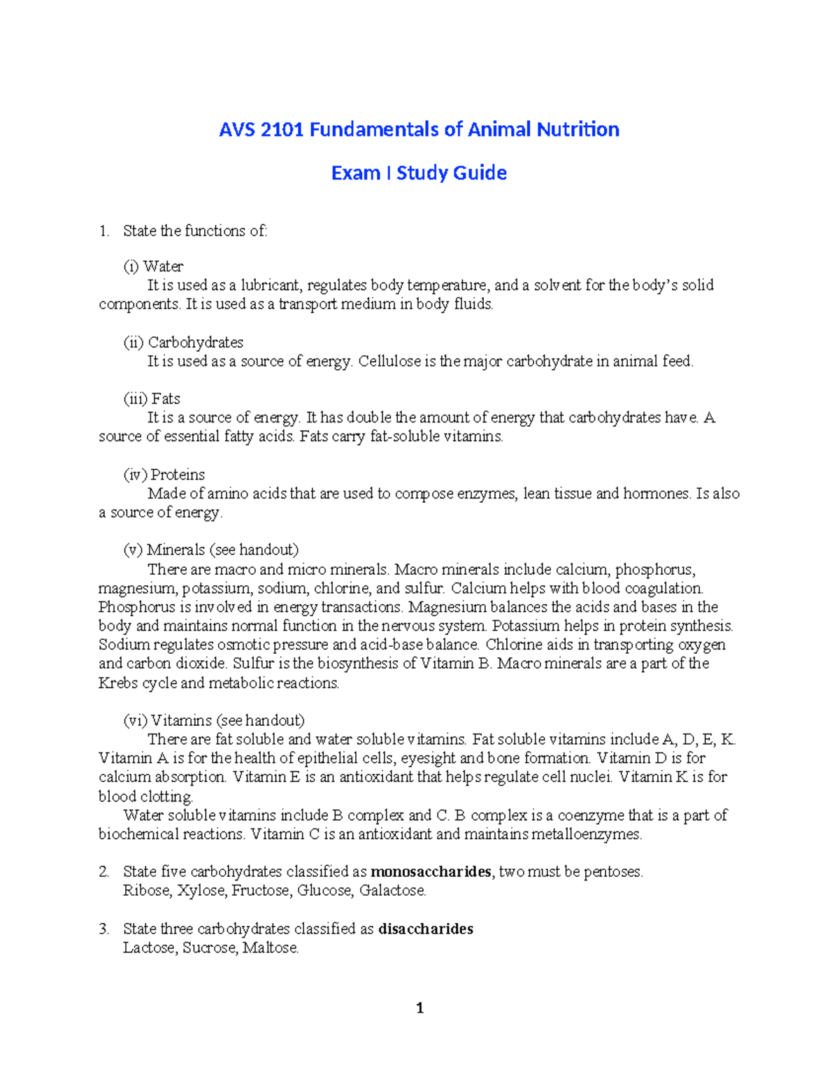 AVS 2101 Exam I Study Guide: Fundamentals of Animal Nutrition - AVS ...