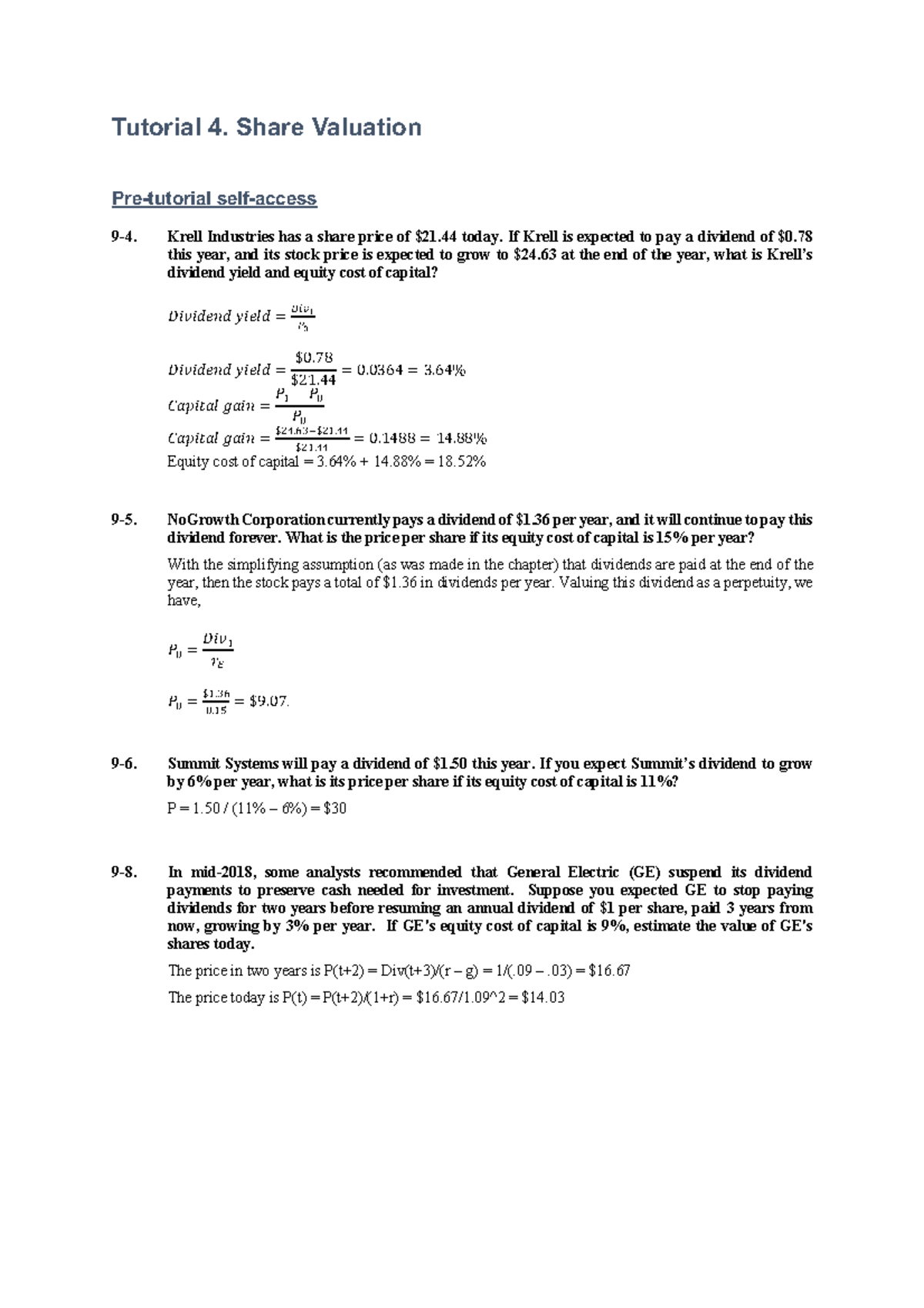Tutorial 4: Share Valuation and Equity Cost of Capital Analysis - Studocu